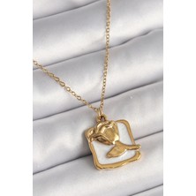 Zemira Home 316L Çelik Gold Renk Zincir Beyaz Mineli Gül Portre Model Kadın Kolye