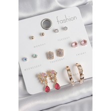 Clariss Pirinç Gold Renk Zirkon Taşlı Çiçek Figür Incili Halka Figür 7 Çift Kadın Küpe Seti