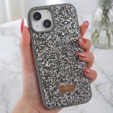 Apple iPhone 13 - 14 - 15 Uyumlu Kılıf Elmas Tasarımlı Gri Taşlı Işıltılı Pırlanta Silikon Kapak