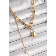 Zemira Home 316L Çelik Gold Renk Tifany Zincir Model Kilit Figür Sallantı Inci Detay Kadın Kolye