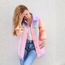 Poupee Renkli Gabardin Ceket, Kadın Rahat Mont, Pembe Mor Yeşil Mont