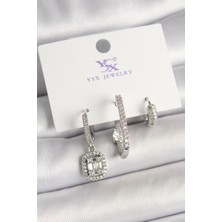 Zemira Home Pirinç Gümüş Renk Zirkon Taşlı Baget Halka Model 3'lü Kadın Kombin Küpe