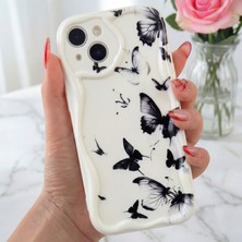 Fibaks Apple iPhone 13 Kılıf Kamera Korumalı Silikon Siyah Kelebek Desenli Dalga Kenarlı Kapak