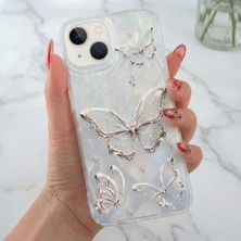 Fibaks Apple iPhone 13 - 14 - 15 Uyumlu Kılıf Tüylü Hologram Kelebek Desenli Darbe Emici Kamera Korumalı Silikon