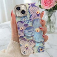 Fibaks Apple iPhone 13 Kılıf Renk Değiştiren Taşlı Kamera Lens Korumalı Mavi Çiçek Desenli Darbe Emici Kapak