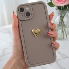 Fibaks Apple iPhone 13 Kılıf 3D Kalp Tasarımlı Kahverengi Desenli Yumuşak Kamera Korumalı Silikon Kapak