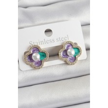 Clariss Pirinç Mor Mineli Inci Detaylı Zirkon Taşlı Sanatsal Portre Yonca Model Gold Renk Kadın Küpe