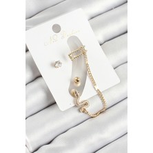 Zemira Home Pirinç Yılan Figürlü Zirkon Taşlı Gold Renk 3'lü Kıkırdak Kadın Küpe Set