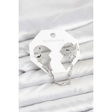 Clariss Pirinç Gümüş Renk Kelebek Model Zincir Bağlantılı Ear Cuff Küpe Seti