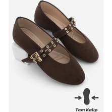 Marjin Kadın Çift Bantlı Zımbalı Günlük Babet Bekosa Kahve Süet