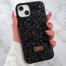 Apple iPhone 14 Plus-15 Plus Kılıf Içi Kadife Elmas Tasarımlı Siyah Taşlı Işıltılı Pırlanta Silikon Kapak