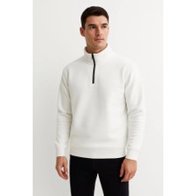 ModaSize Erkek Dik Yaka Sweatshirt Dik Yaka Yarım Fermuarlı 3 Iplik Şardonlu Pamuk Kumaş - Beyaz