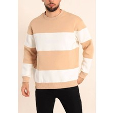 ModaSize Parçalı Bisiklet Yaka Baskılı Sweatshirt - Bej