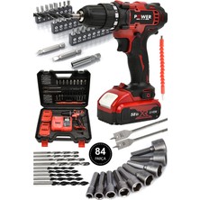Power Black 58 Vf 5 Ah Metal Şanzıman Çift Akülü Şarjlı Matkap 84 Parça Akülü Vidalama Set
