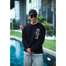 ModaSize Uzun Kol Bisiklet Yaka Ön ve Arka Baskılı Sweatshirt - Siyah