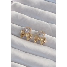 Clariss Pirinç Gold Renk Zirkon Taşlı Kalp Model Fiyonk Küpe