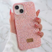 Apple iPhone 14 Plus-15 Plus Kılıf Içi Kadife Elmas Tasarımlı Pembe Taşlı Işıltılı Pırlanta Silikon Kapak
