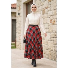 Harman Butik Kadın Kırmızı Ekose Desenli Etek