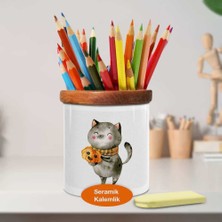 Asilmeydan Balkabaklı Mutlu Kedi Ahşap Seramik Kalemlik - 2147906403