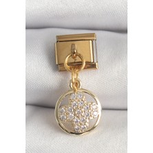 Clariss 316L Çelik Gold Renk Sallantı Zirkon Taşlı Yonca Model Nomination Charm