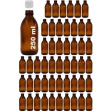 Afracam 250 ml Yuvarlak Ecza Şurup Şişesi Kilitli Beyaz Kapaklı 250 cc Amber Kahverengi Cam Şişe 50 Adet