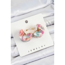 Clariss Pirinç Mermer Desenli Vintage Yarım Halka Model Gold Renk Kadın Küpe