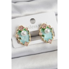 Clariss Pirinç Yeşil Mineli Inci Detaylı Sanatsal Portre Model Gold Renk Kadın Küpe