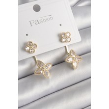 Zemira Home Pirinç Gold Renk Zirkon Taşlı Yonca Model Kadın Küpe