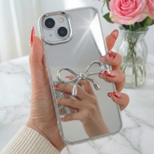 Fibaks Apple iPhone 15/14/13 Kılıf Aynalı Gümüş 3D Fiyonk Desenli Darbe Emici Silikon Kapak