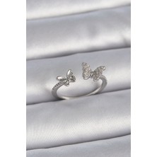 Clariss Pirinç Gümüş Renk Ayarlanabilir Zirkon Taşlı Kelebek Model Kadın Yüzük