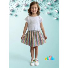 Alt Üst Kız Çocuk Takım Prenses Taş Baskılı Püsküllü Devore Kısa Üst Parlak Leopar Etek