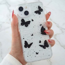 Apple iPhone 15 Uyumlu Kılıf Simli Siyah Kelebek Desenli Renkli Parlak Darbe Emici Kapak