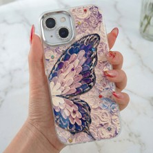 iPhone 15 Kılıf Renk Geçişli Taşlı Kamera Lens Korumalı Simli Mor Kelebek Desenli Darbe Emici Kapak