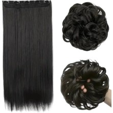 Zeysum Ikili Set - Koyu Siyah Düz Yarımay Çıtçıt Saç ve Dağınık Topuz Lastik Tokalı Set 60 cm