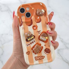 Fibaks Apple iPhone 15 Uyumlu Kılıf Tasarımlı Desenli Kamera Korumalı Ayıcık Bisküvi Renkli Cofffe Silikon Kapak