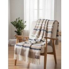 Dinarsu Livoras Home Cozy Life Pamuklu Püsküllü Skoç Tv Battaniyesi Cunda Bej Lacivert 130 x 170