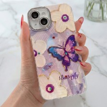 iPhone 15 Kılıf Renk Geçişli Taşlı Kamera Lens Korumalı Simli Mor Butterfly Desenli Darbe Emici Kapak