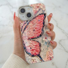 iPhone 15 Kılıf Renk Geçişli Taşlı Kamera Lens Korumalı Simli Pembe Kelebek Desenli Darbe Emici