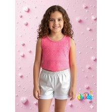 Alt Üst Yazlık Kız Çocuk Ikili Takım Devore Penye Crop Üst Parlak Kısa Penye Şort.