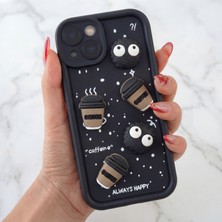 Fibaks Apple iPhone 15 Uyumlu Kılıf Tasarımlı Desenli Kamera Korumalı Coffee Kurabiye Siyah Yumuşak Silikon Kapak