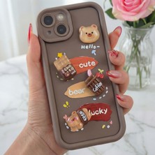Fibaks Apple iPhone 15 Plus Kılıf Tasarımlı Desenli Kamera Korumalı Ayıcık Kahve Yumuşak Silikon Kapak