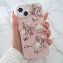Fibaks Apple iPhone 15/14/13 Kılıf Simli Beyaz Gül Desenli Renkli Parlak Darbe Emici Kapak