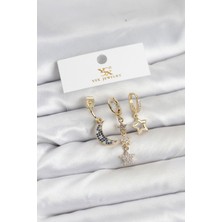 Clariss Pirinç Gold Renk Zirkon Taşlı Ay ve Yıldız Model Ysx Trio Küpe Seti