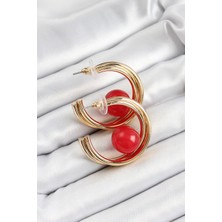 Zemira Home Pirinç Gold Renk Halka Model Kırmızı Boncuk Detay Kadın Küpe