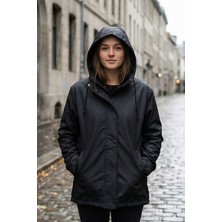butiksinope Ast 10028 Kapüşonlu Rahat Kalıp Kadın Yağmurluk Mont Siyah