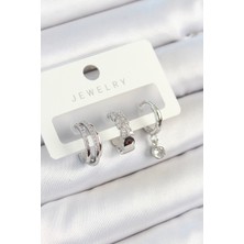 Zemira Home Pirinç Zirkon Taşlı Halka Model Gümüş Renk 3'lü Çift Kadın Küpe Set