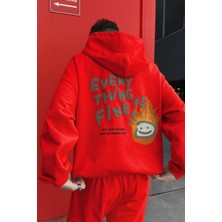 Bellanova Unisex Oversize Kapüşonlu Everything Is Fine Yazı ve Alev Emoji Baskılı Streetwear Sweatshirt