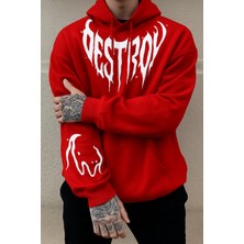 Bellanova "3 Iplik Oversize Kapüşonlu, Kanguru Cepli, Gotik ‘destroy’ Yazı Baskılı Sweatshirt"