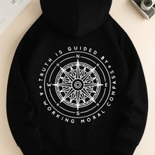 Bellanova Unisex Oversize Kapüşonlu Pusula Baskılı Moral Compass Tasarım Rahat Günlük Sweatshirt