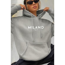 Bellanova Unisex Kapüşonlu Sweatshirt "mılano Italy" Baskılı Oversize 3 Iplik Şardonlu Kumaş